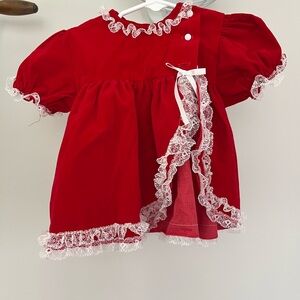 Vintage 90’s Cutest One Red Velvet Lace Trim Holiday Baby Blouse Made in USA
